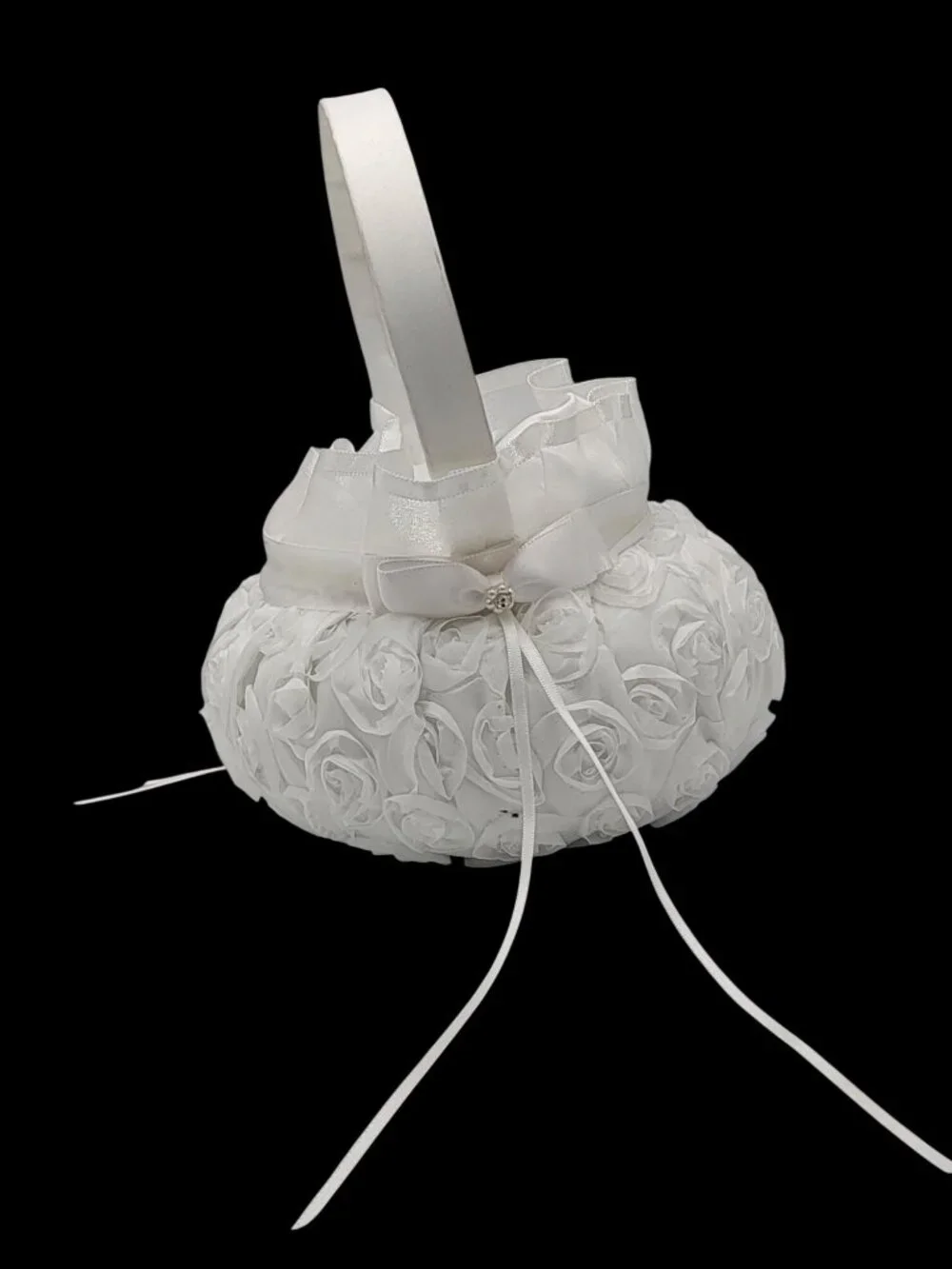 White Satin Flower Girl Basket With Ribbon & Rosette Details For Wedding Ceremon